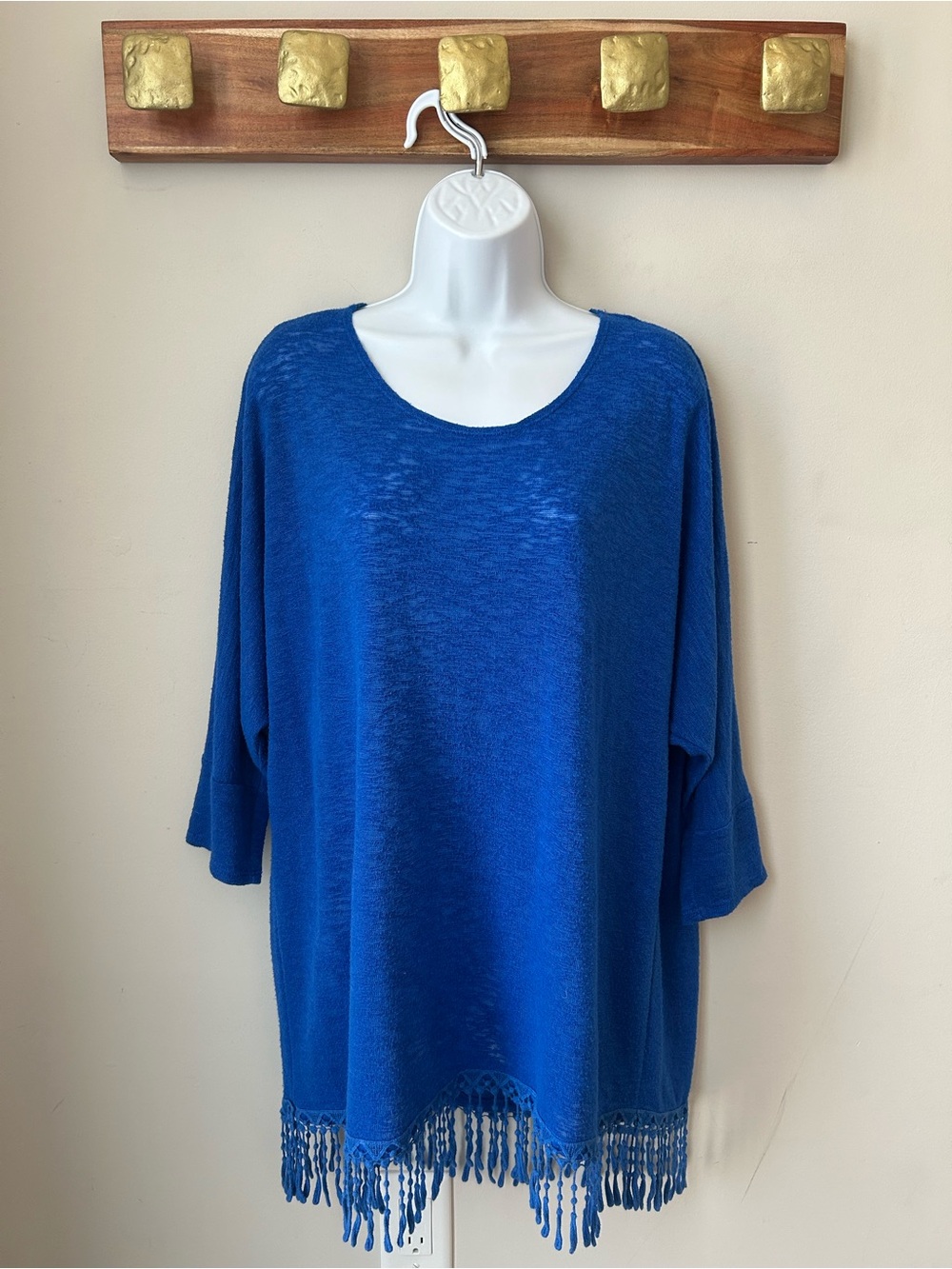 Oversized Blue Fringe Hem Women's Knit Top Size M